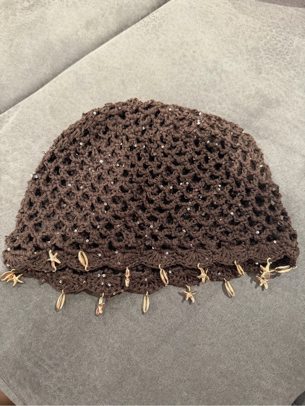 Brown Crochet Beanie with Gold Shell Charms